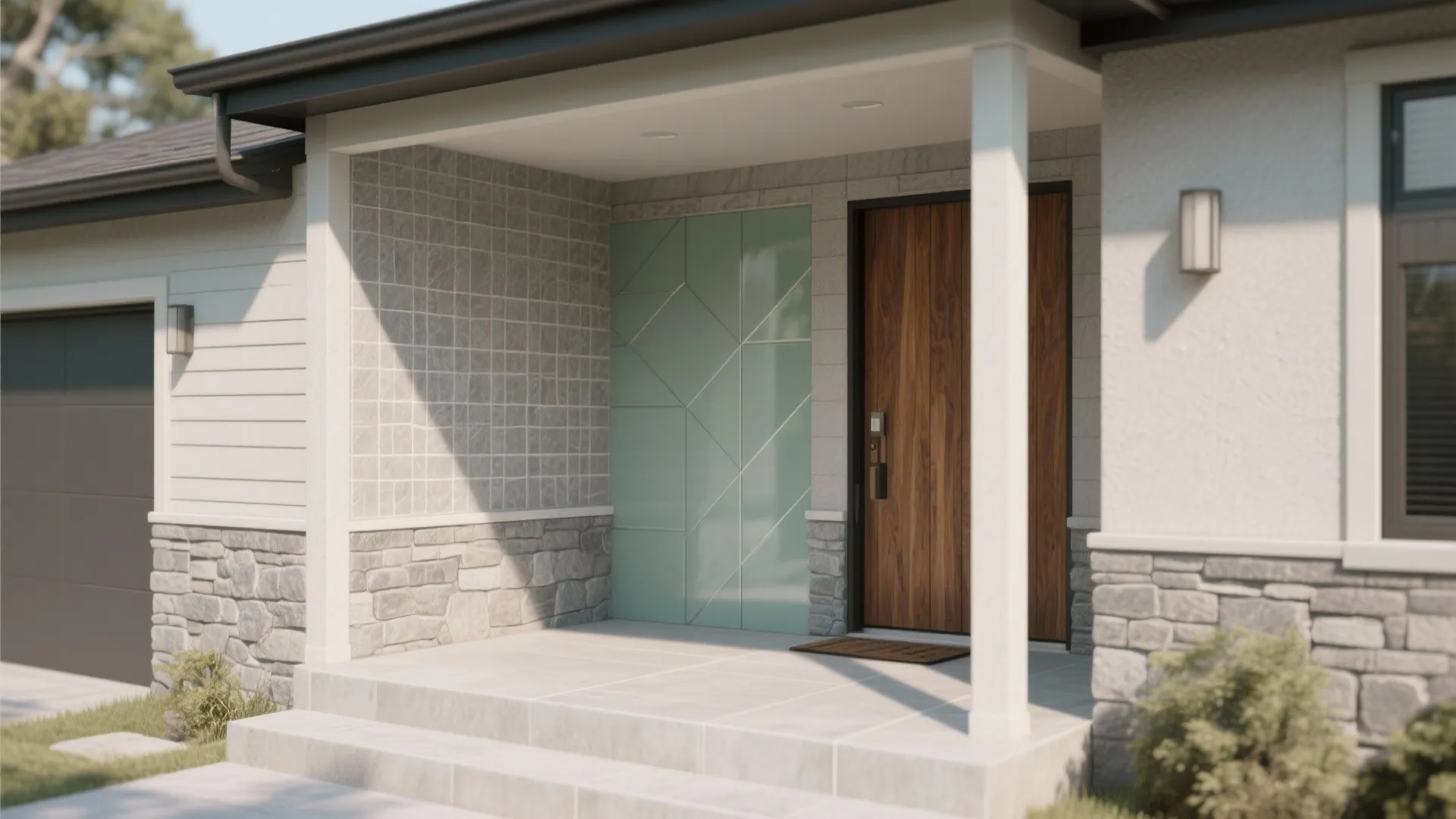 Modern house entrance porch with wooden door light blue wall panel stone walls and white steps