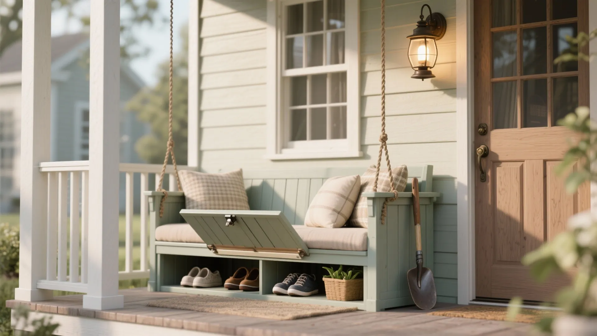 3. Front Porch Swing with Integrated Storage