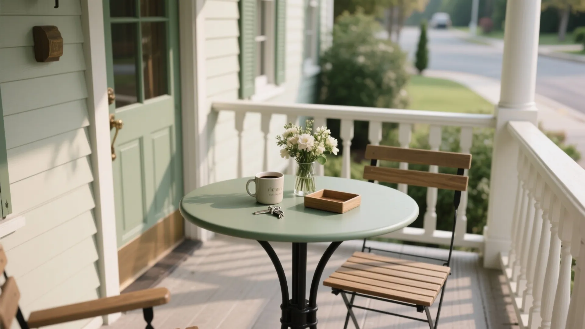 Green table on a porch with white flowers, coffee mug, keys, and a wooden chair