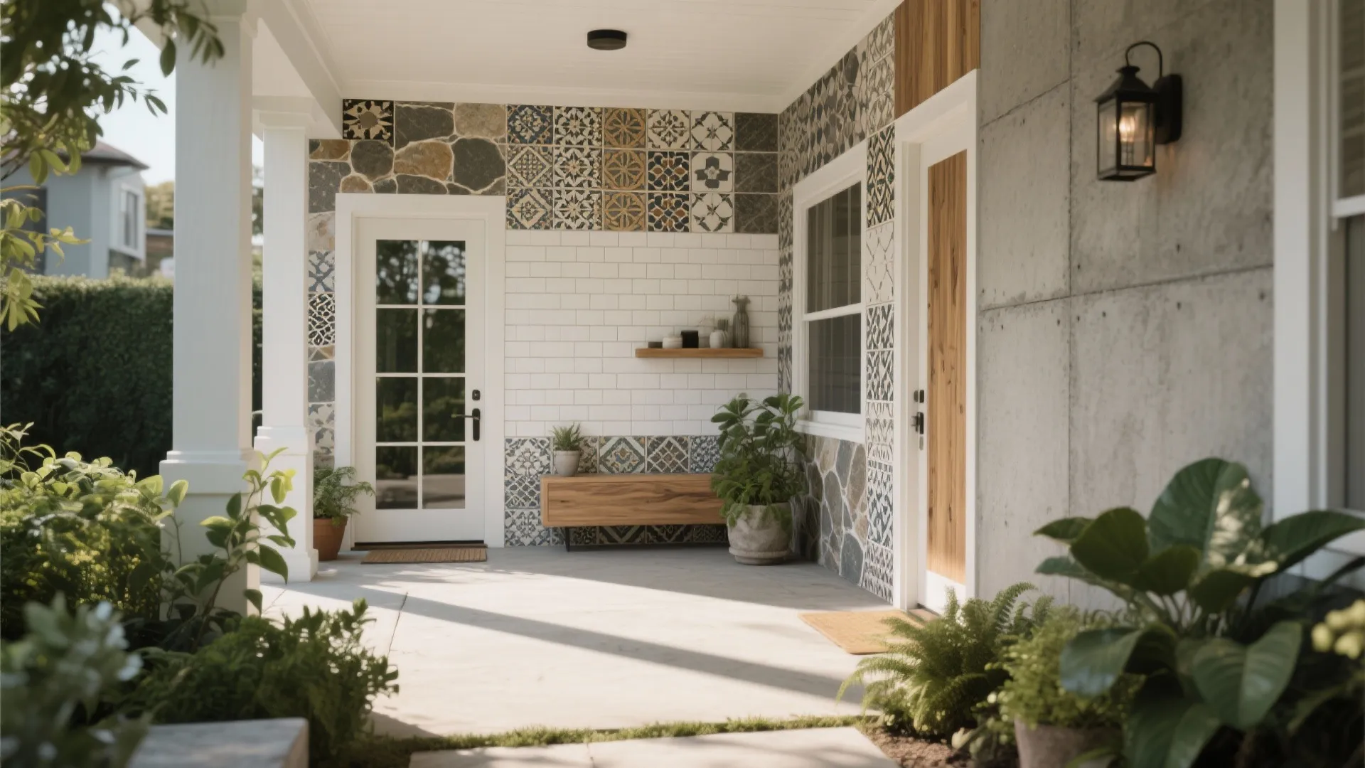 Modern porch featuring decorative patterned wall tiles white brick accents wooden bench and green plants