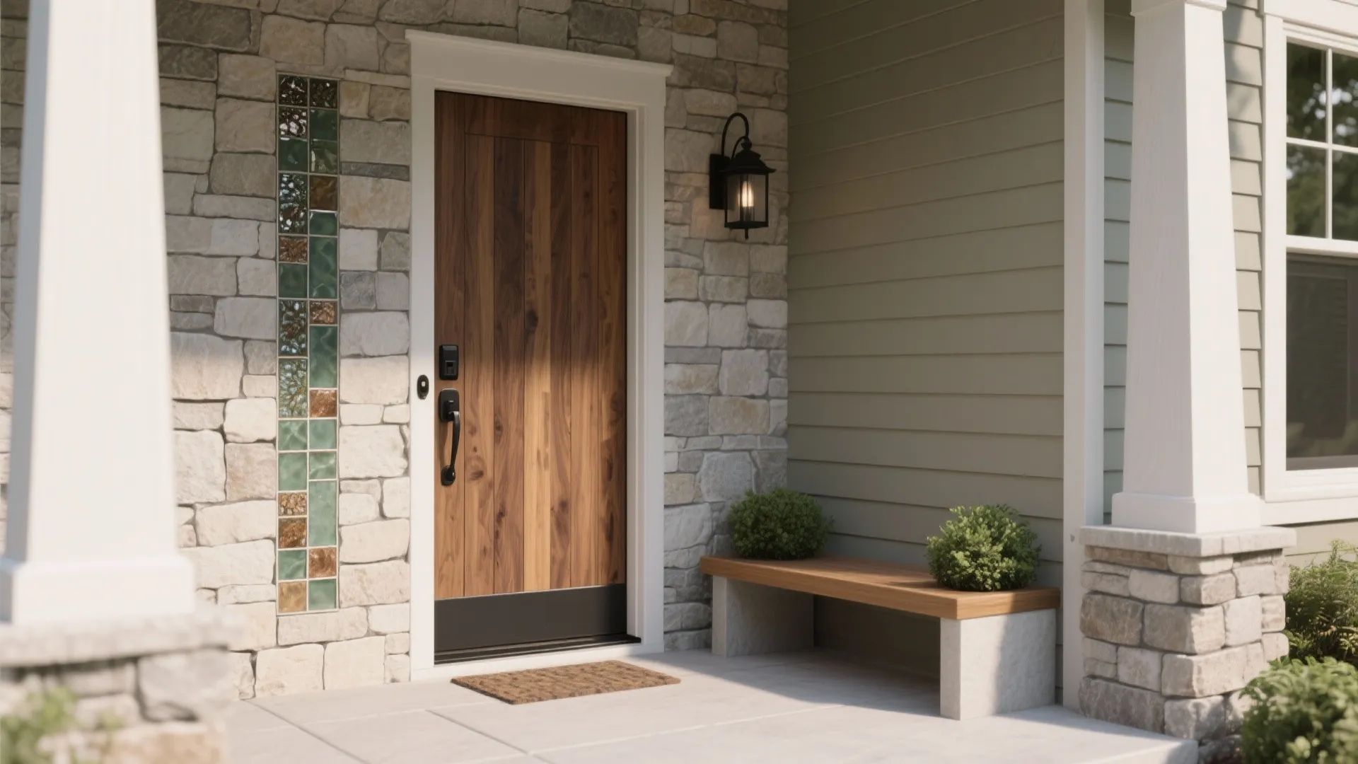 Modern house entrance with wooden door stone wall wall light bench and green small plants