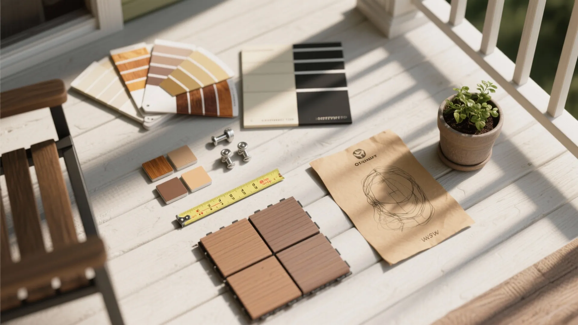 Porch design materials with wood tiles color samples measuring tape and sketch on white wooden floor