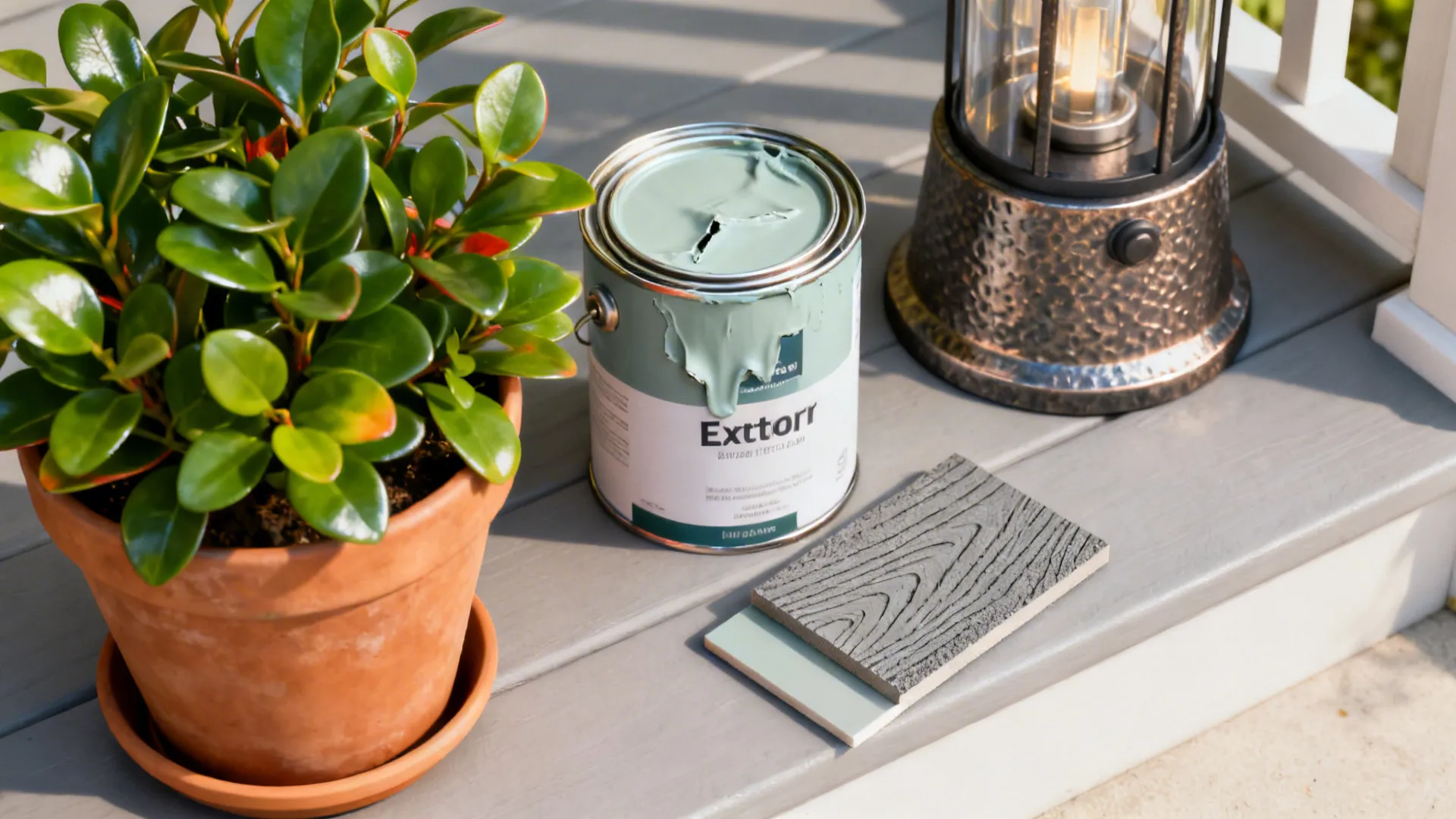 Budget-friendly porch accents: plant, paint can, lamp, and material samples.