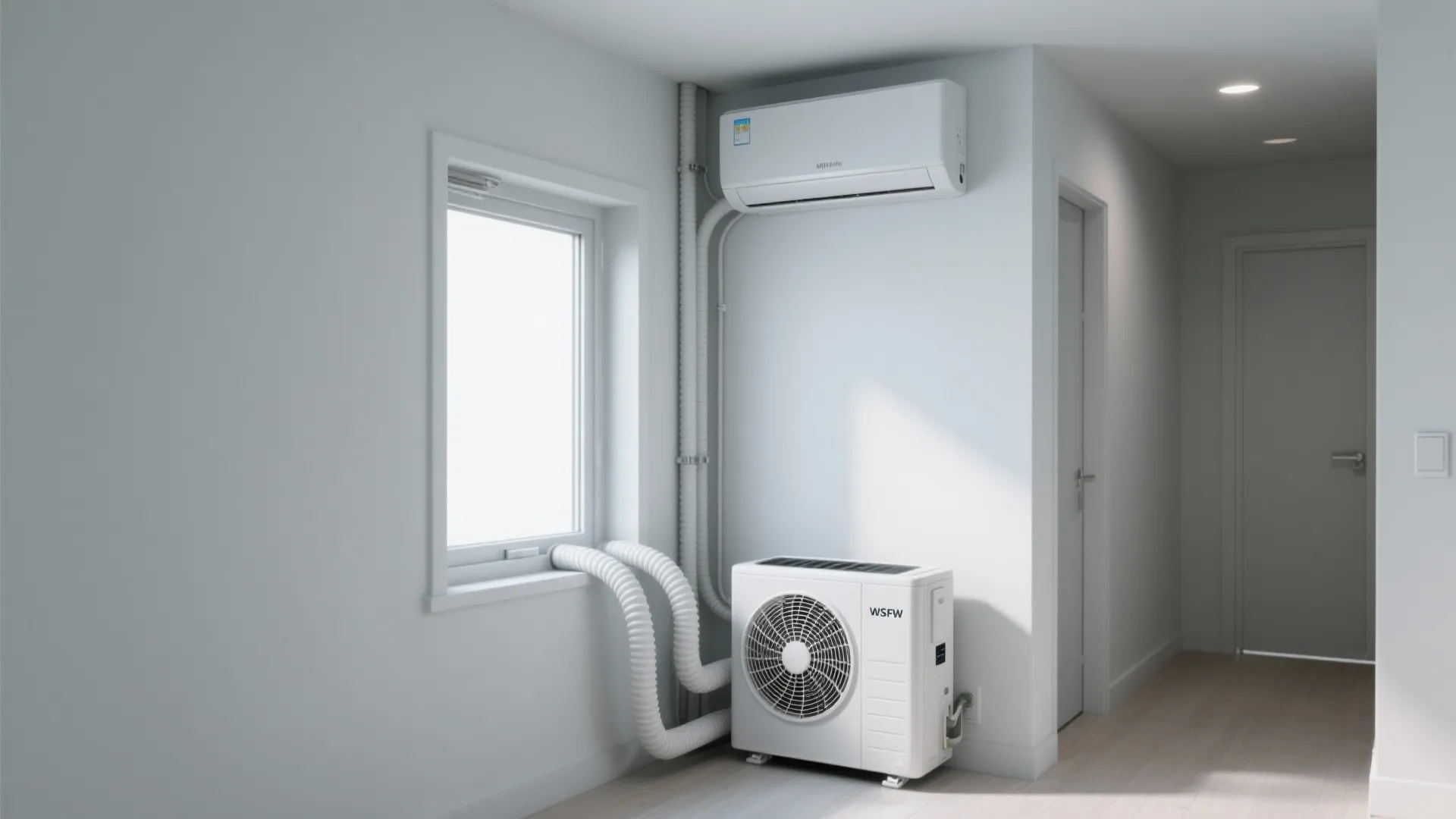 Modern white room with wall mounted air conditioner unit and portable floor unit with pipes