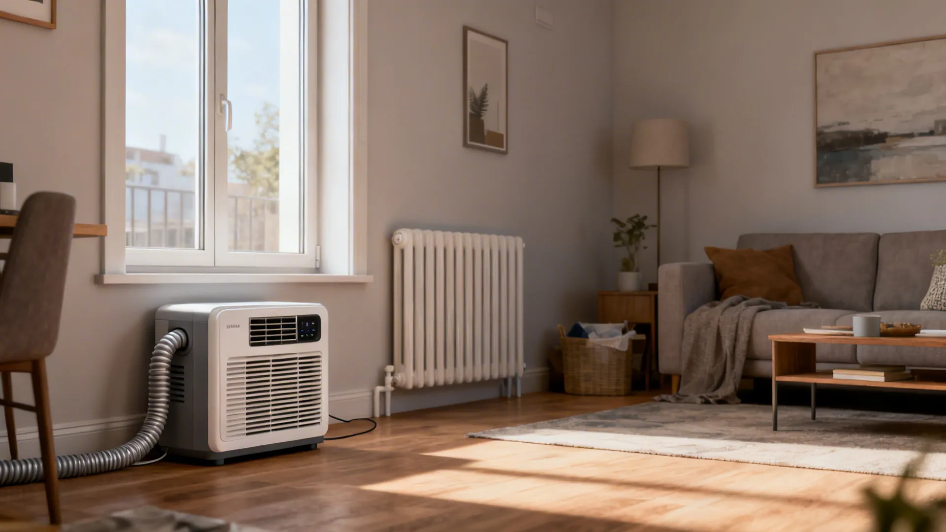 Portable air conditioner placed near a window with exhaust hose in a rental living room