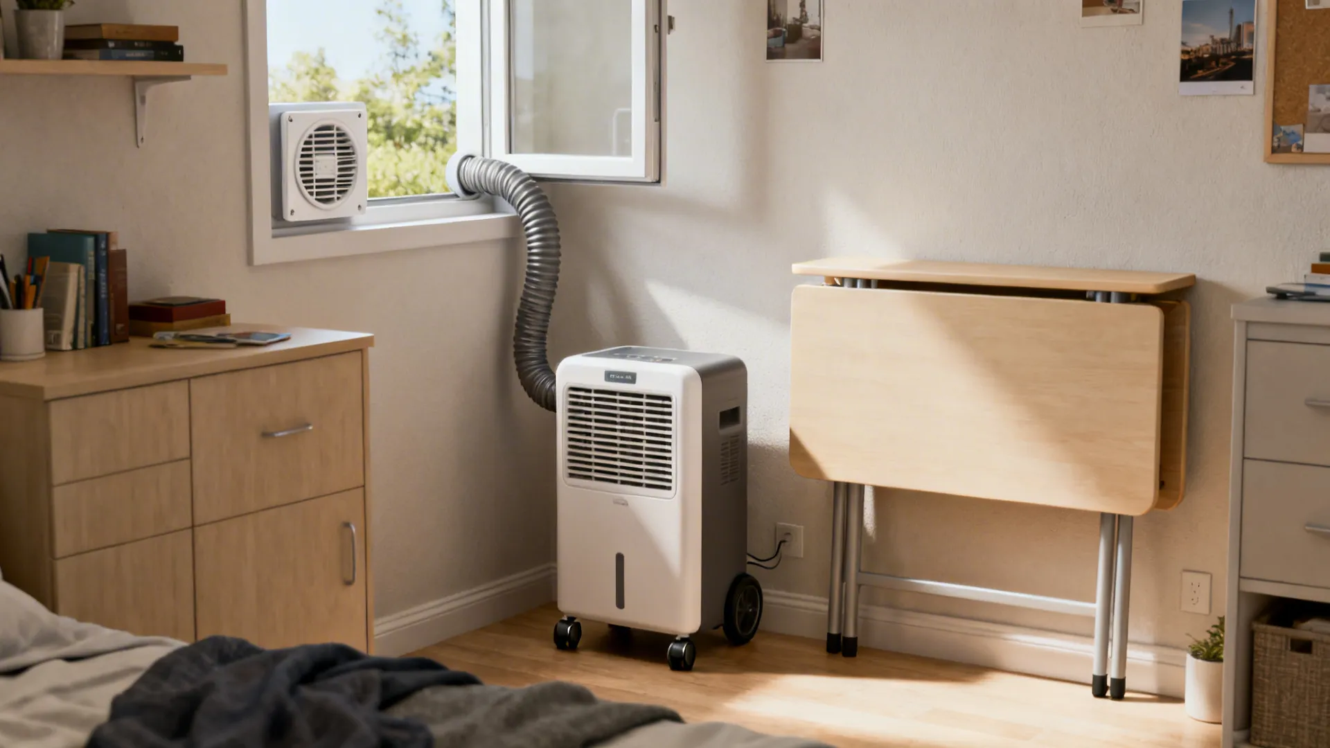 Portable air conditioner with exhaust hose connected to a window panel in a compact rental bedroom.