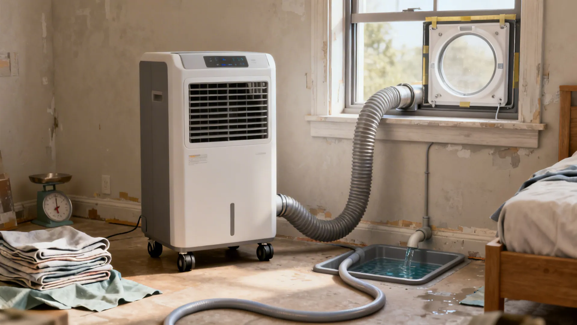 Portable air conditioner with exhaust hose and window kit in a small room.
