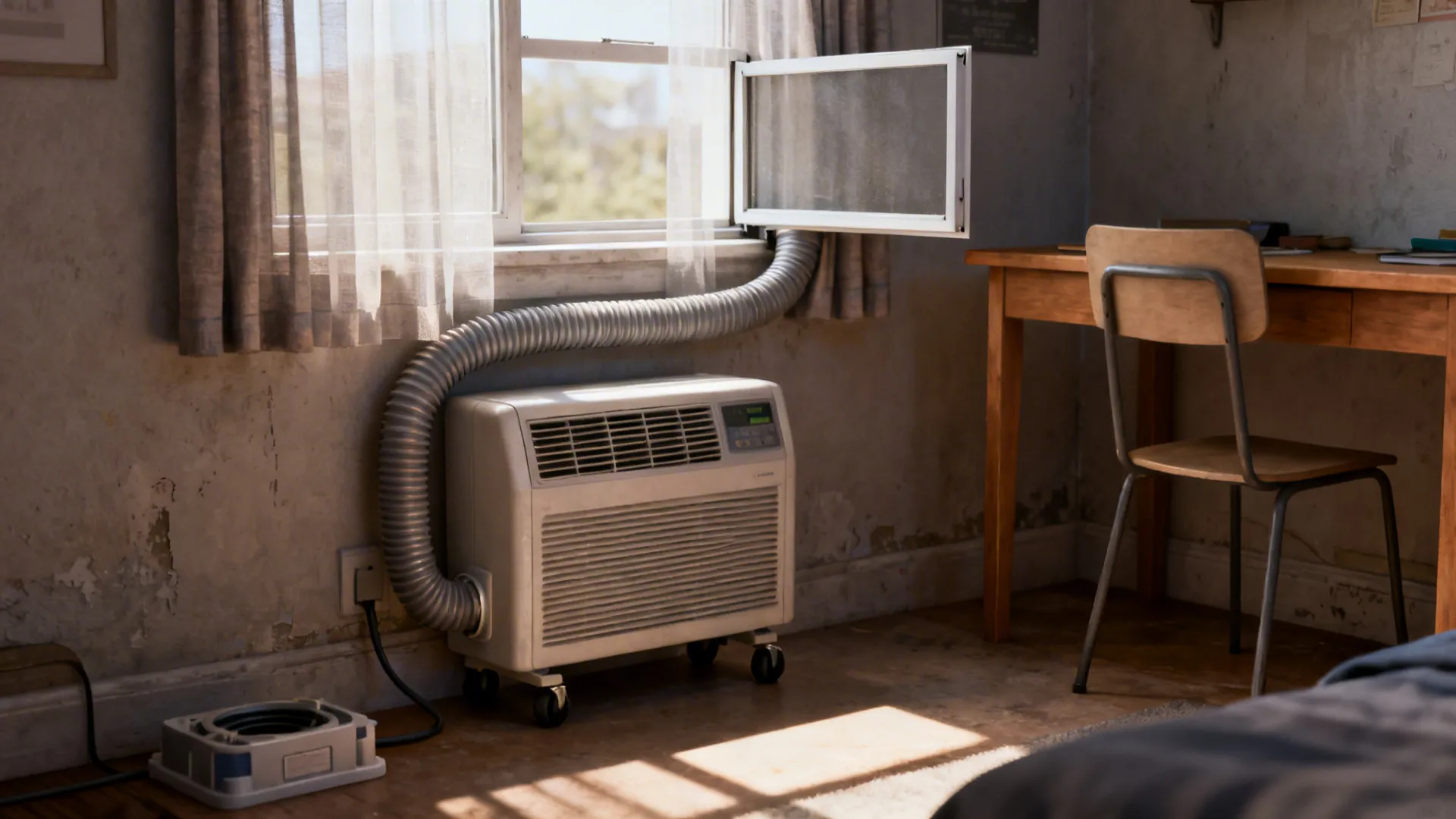 Compact portable air conditioner vented through a window in a small rented bedroom.
