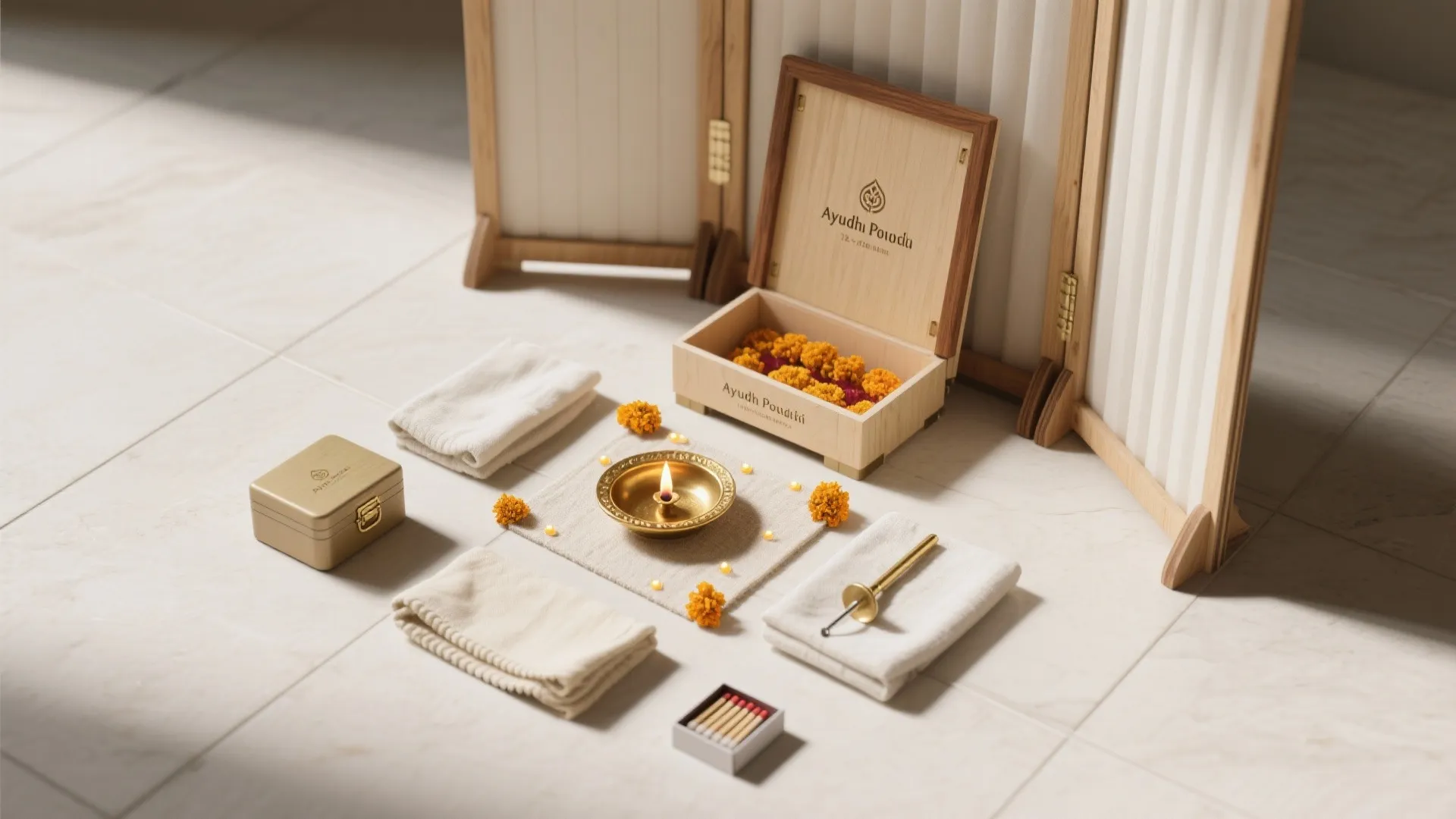 Small wooden box with orange flowers next to white towels and lit gold oil lamp