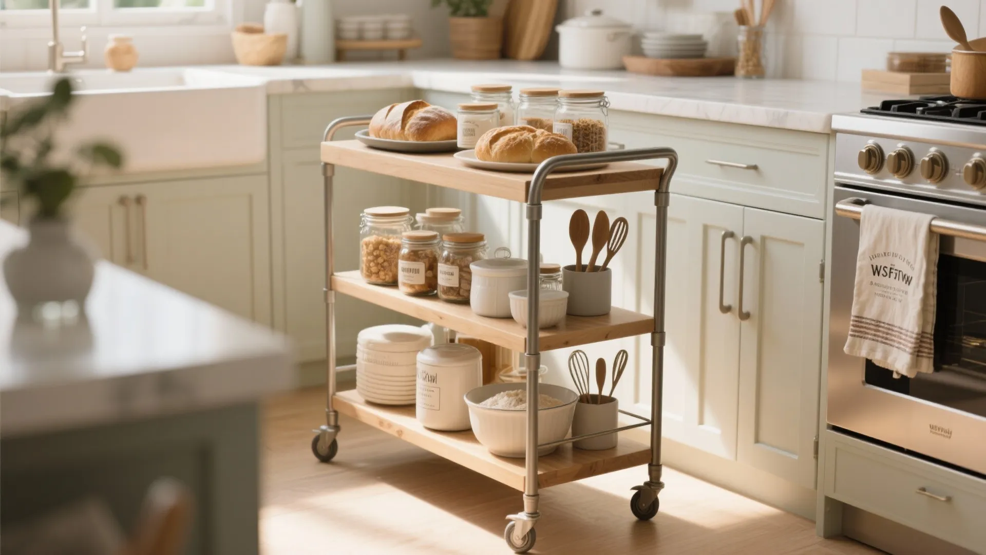 Three tier wooden rolling cart with wheels holding bread jars and kitchen tools in sunlight