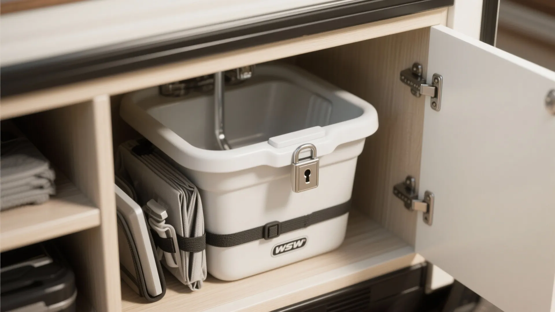 Portable non-porous basin stored in a lockable RV shelf with secure latch.
