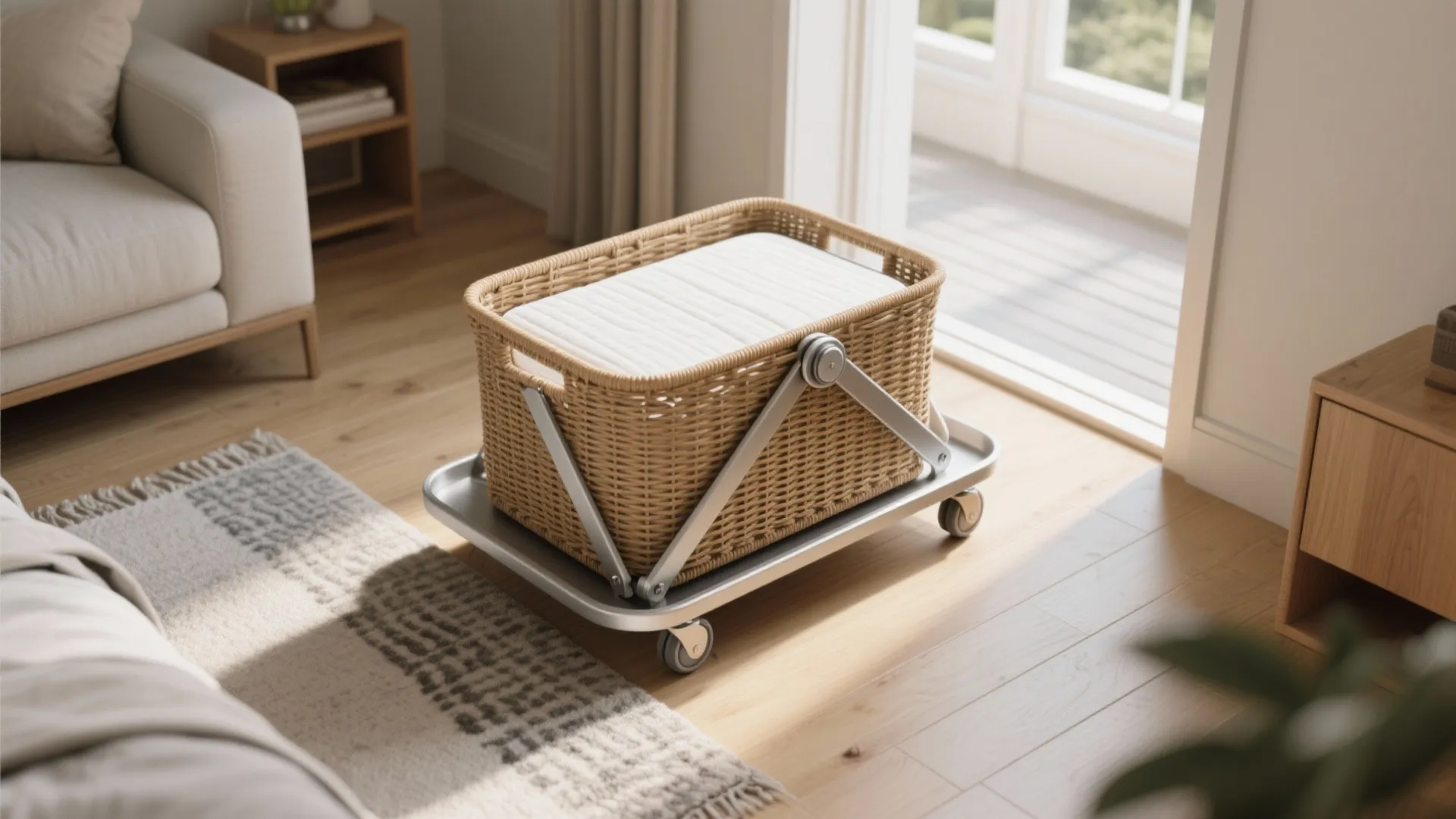Woven baby basket on a metal stand with wheels placed on a bright wooden floor