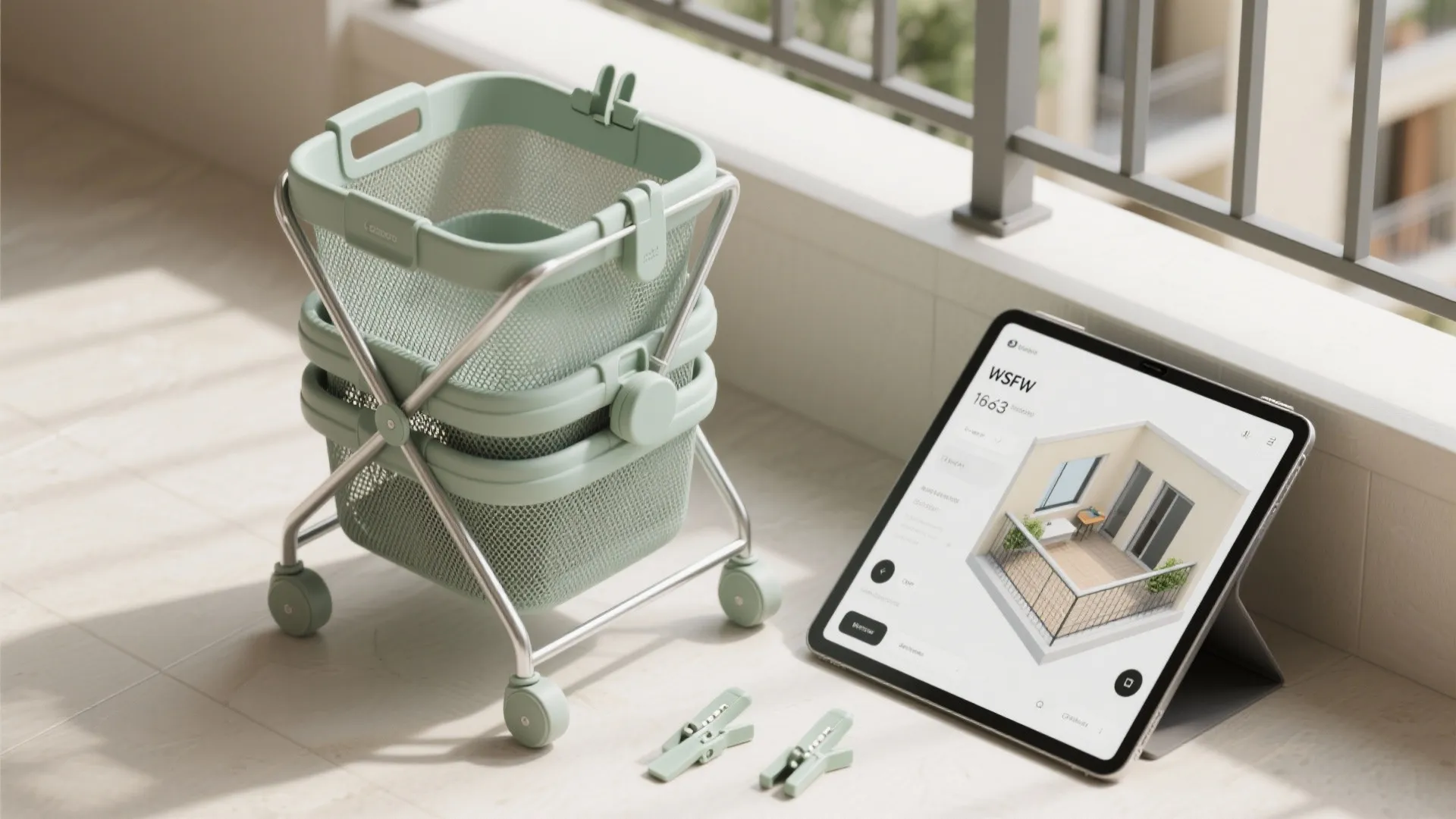Mint green laundry basket cart and tablet showing a balcony design on a sunny floor