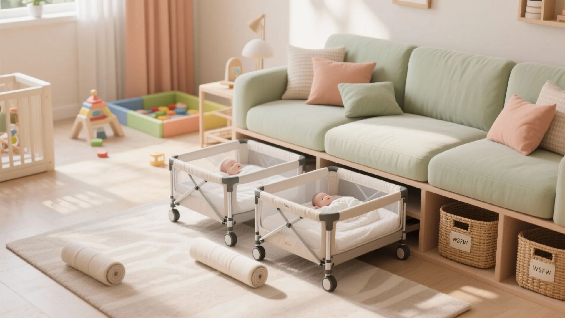 Two small portable baby beds with wheels on a rug next to a green sofa