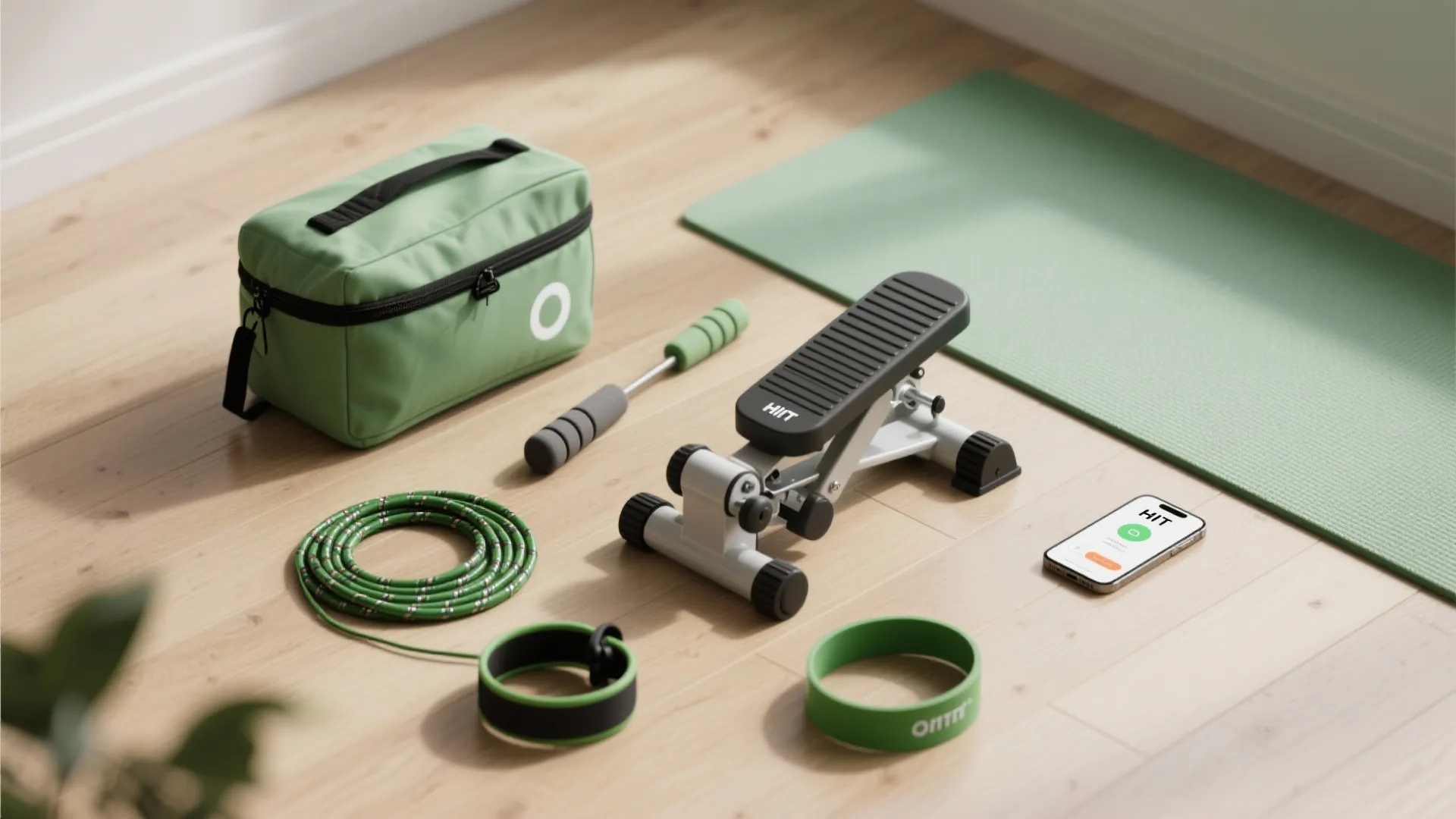 Portable home exercise equipment including small stepper green bag jumping rope mat and phone app