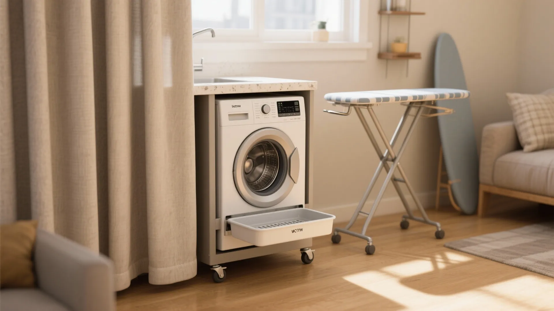 Portable washer-dryer on a rolling cart tucked under a counter behind a curtain, showing caster wheels and drainage tray.