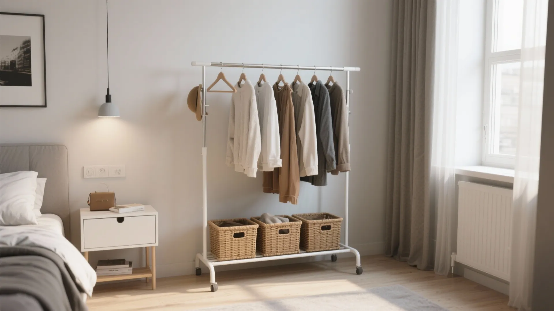 White portable clothing rack with hanging sweaters and woven baskets in a bright modern bedroom