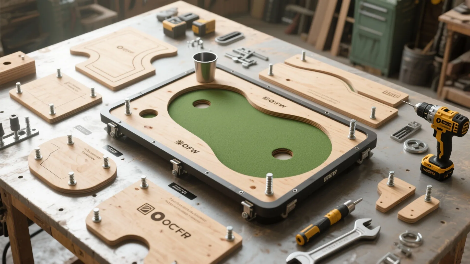 Portable mini golf putting green kit made of wood and metal pieces on a workbench
