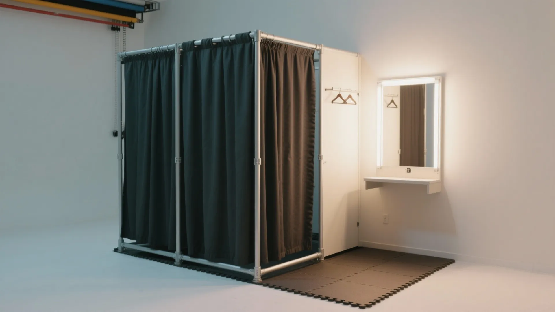 Portable dressing room with black curtains and metal frame next to a wall light mirror