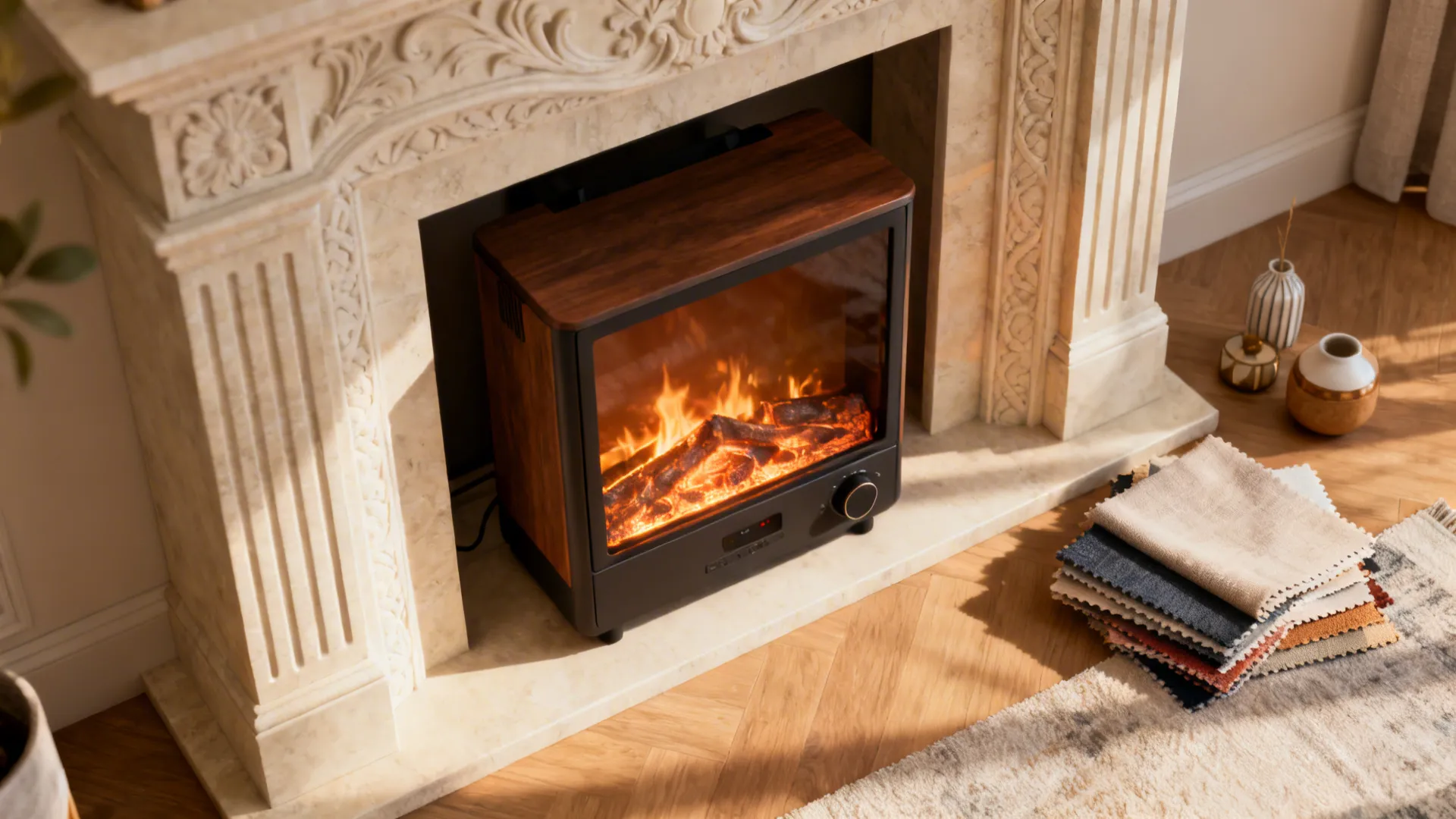 Portable electric fireplace styled in a decorative surround with material samples