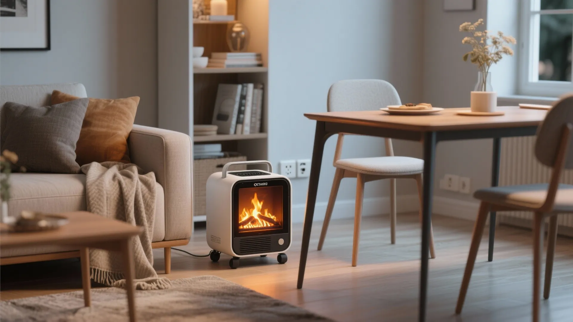 Cozy living room showing beige sofa, wooden table, and a small portable white electric fireplace