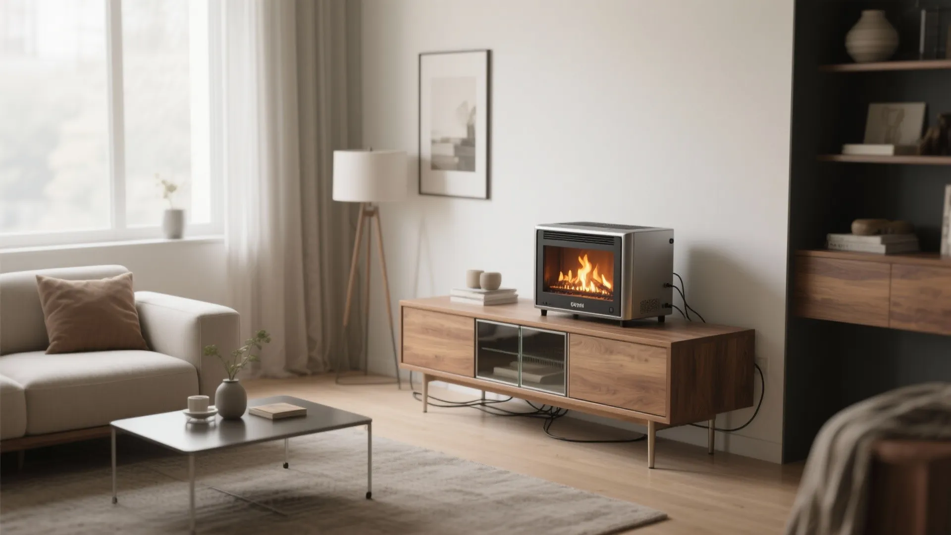 Modern living room with small portable fireplace on wooden cabinet beside sofa and coffee table