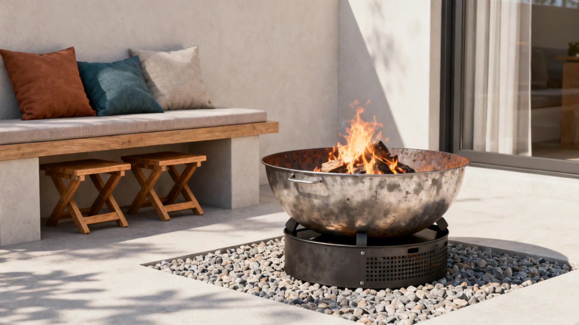 Modern outdoor patio with a round metal fire bowl burning wood beside a stone bench