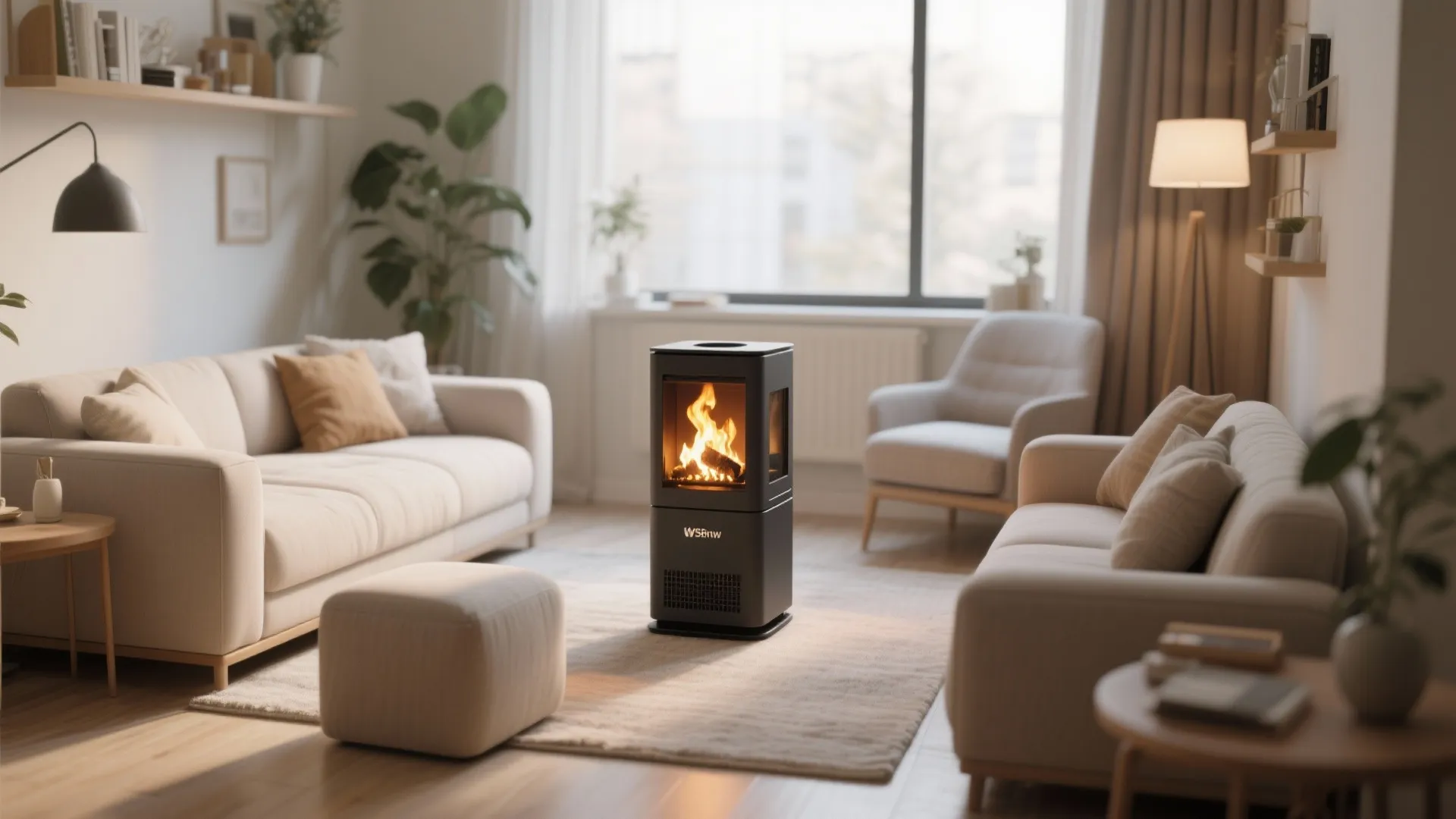 Small living room with a freestanding ethanol fireplace providing flexible warmth