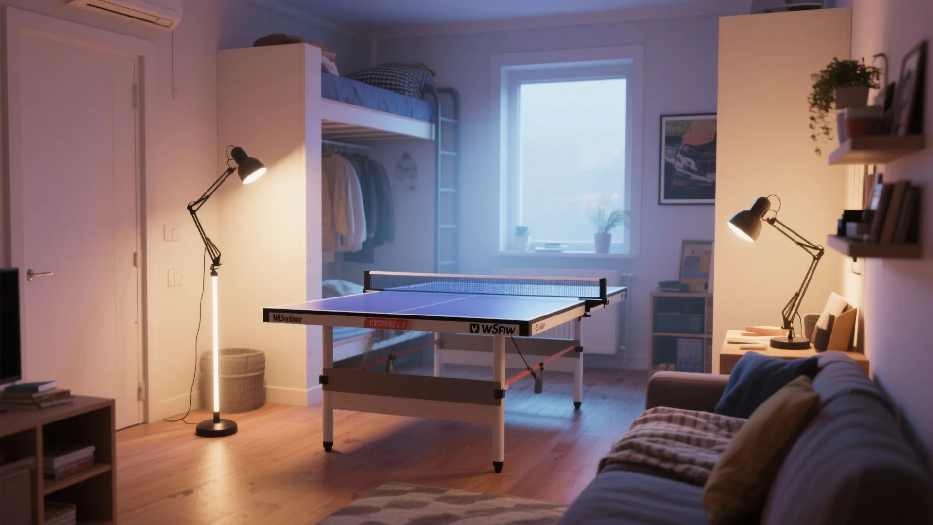 Cozy living room interior showing a blue ping pong table with floor lamps and sofa