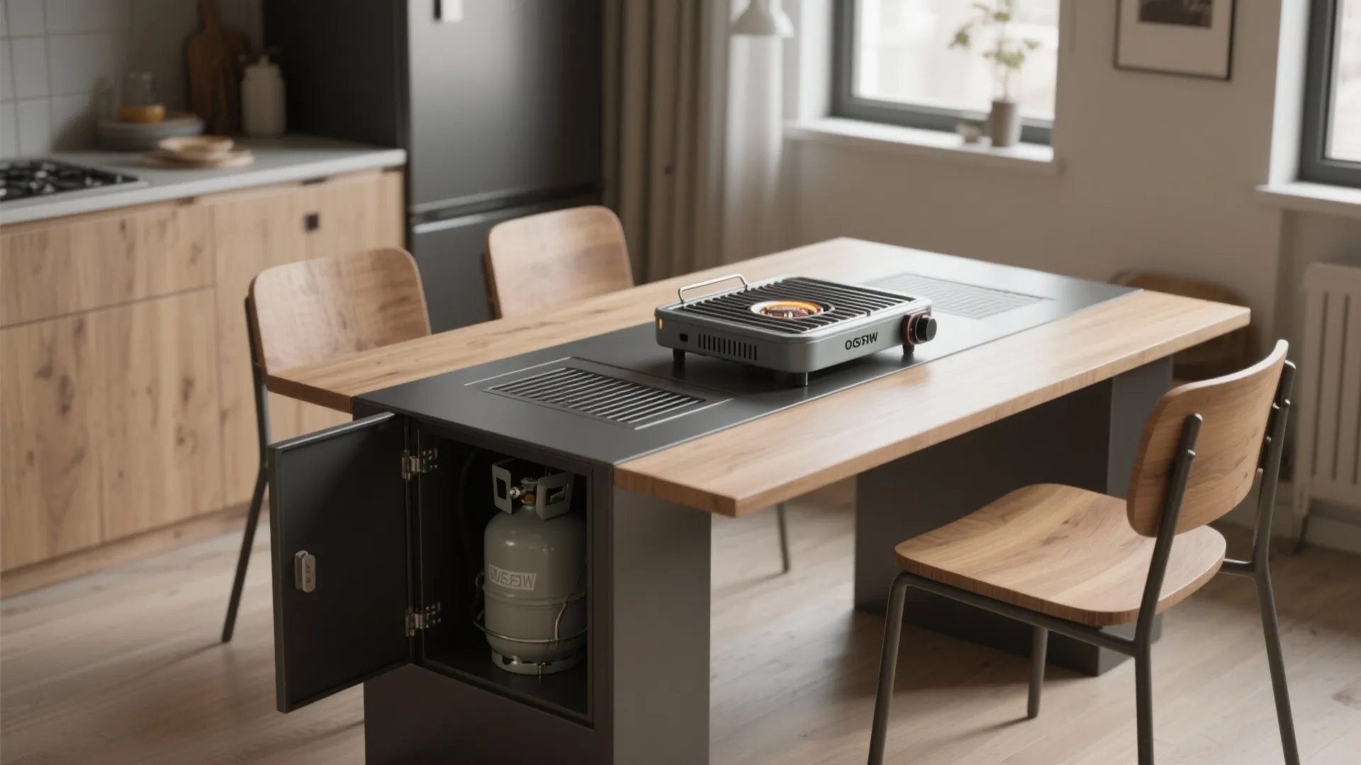 Low-profile dining table with a portable gas grill and a hidden canister compartment in a small dining nook.