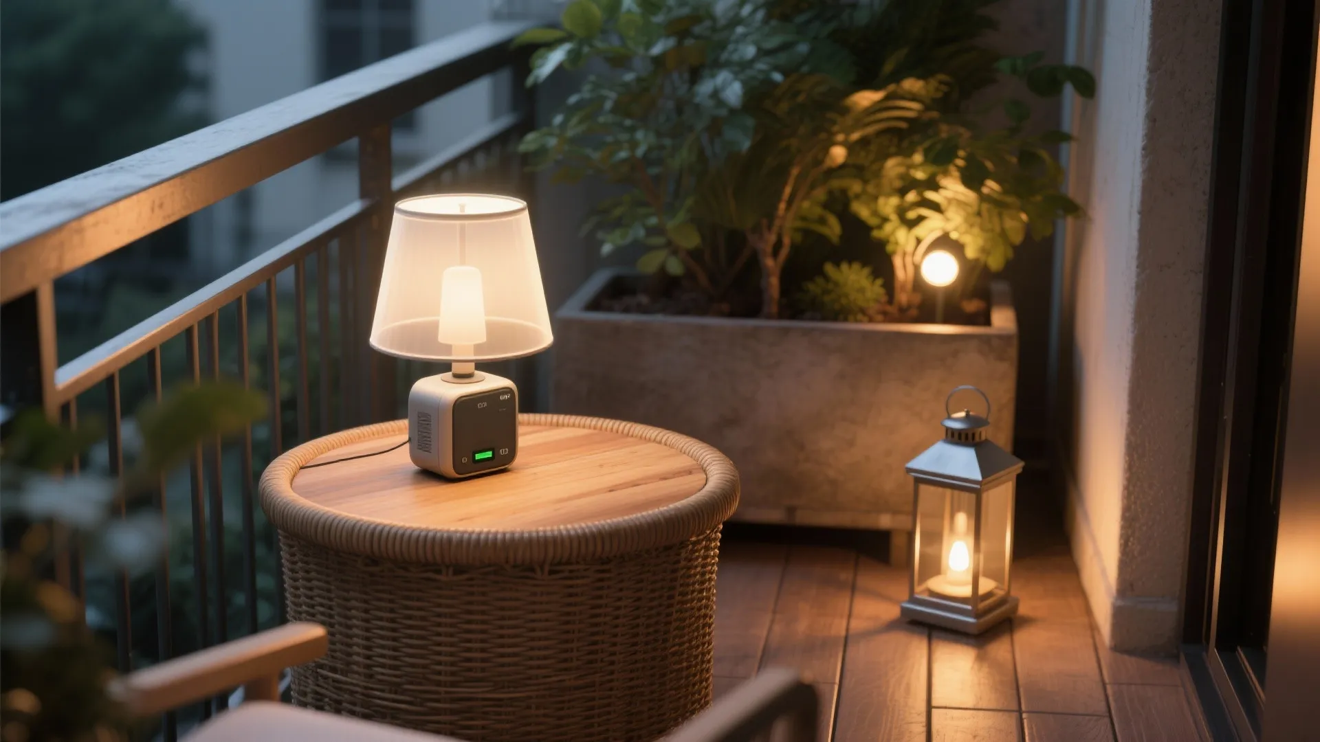 Portable table light on round wicker table with balcony plants and metal lantern at night