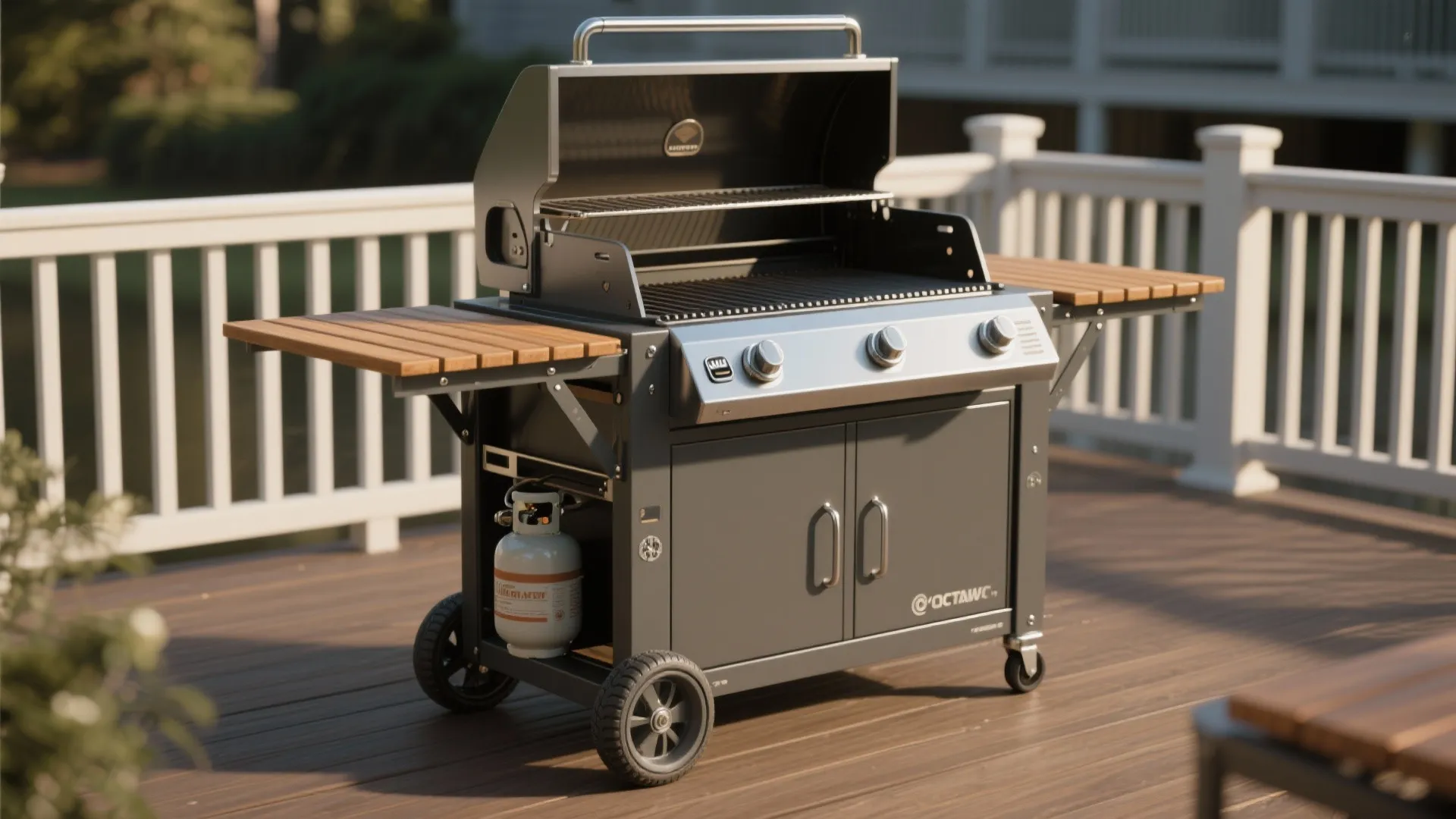 Modern outdoor gas grill with wooden side tables and a gas tank on wooden deck
