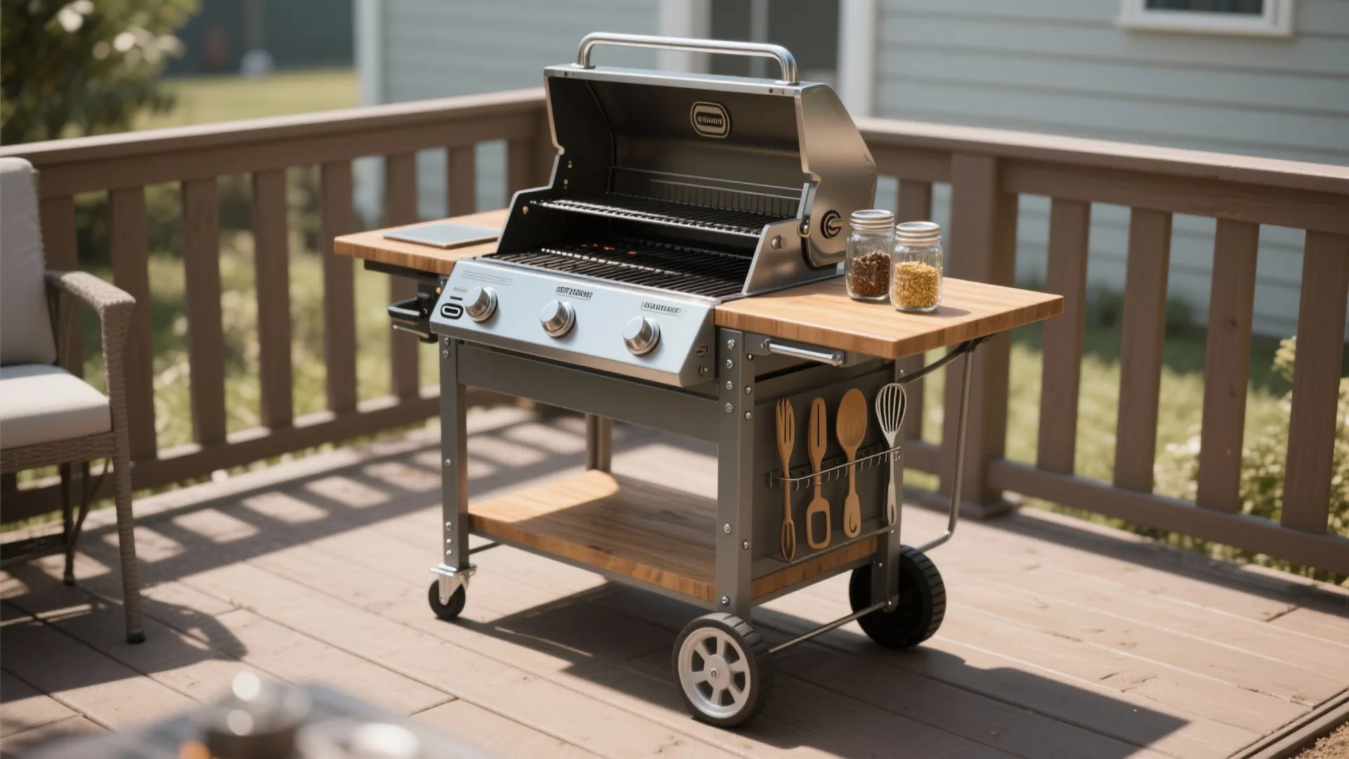 Modern outdoor gas grill with wooden side tables on a deck surrounded by wooden railings