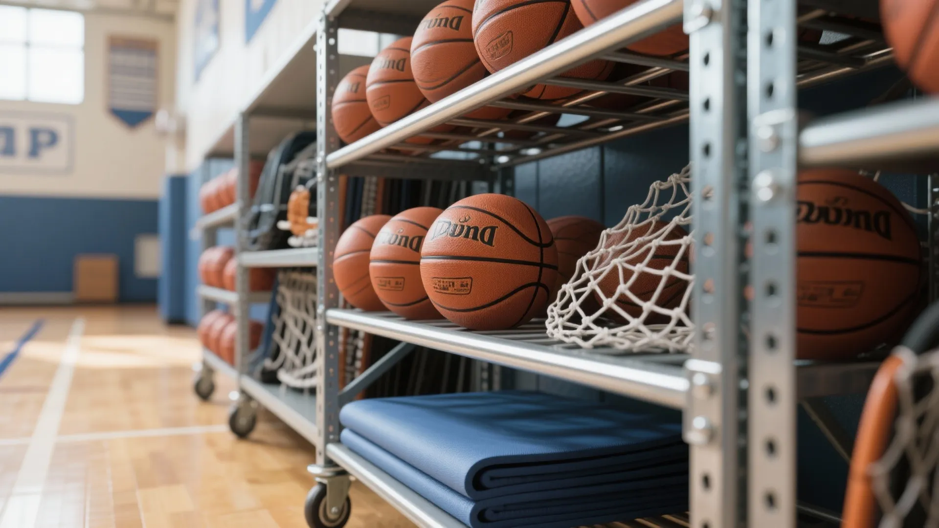 Metal storage rack on wheels holding basketballs and blue yoga mats in a school gym
