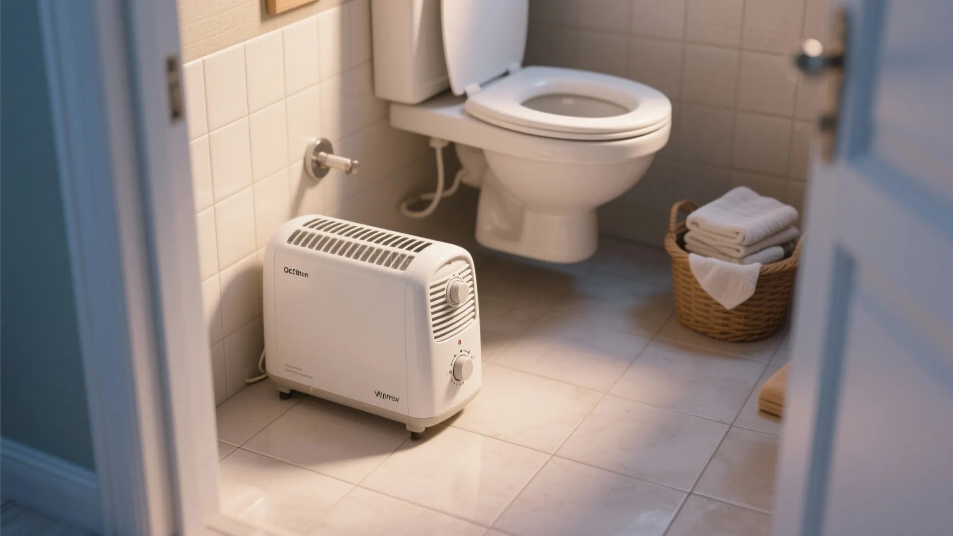 Portable ceramic heater on tiled floor in a small guest bathroom with towels nearby