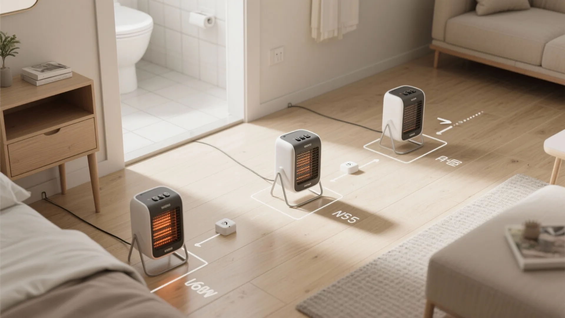 Three small white space heaters placed on wooden floor showing heat coverage in a modern home