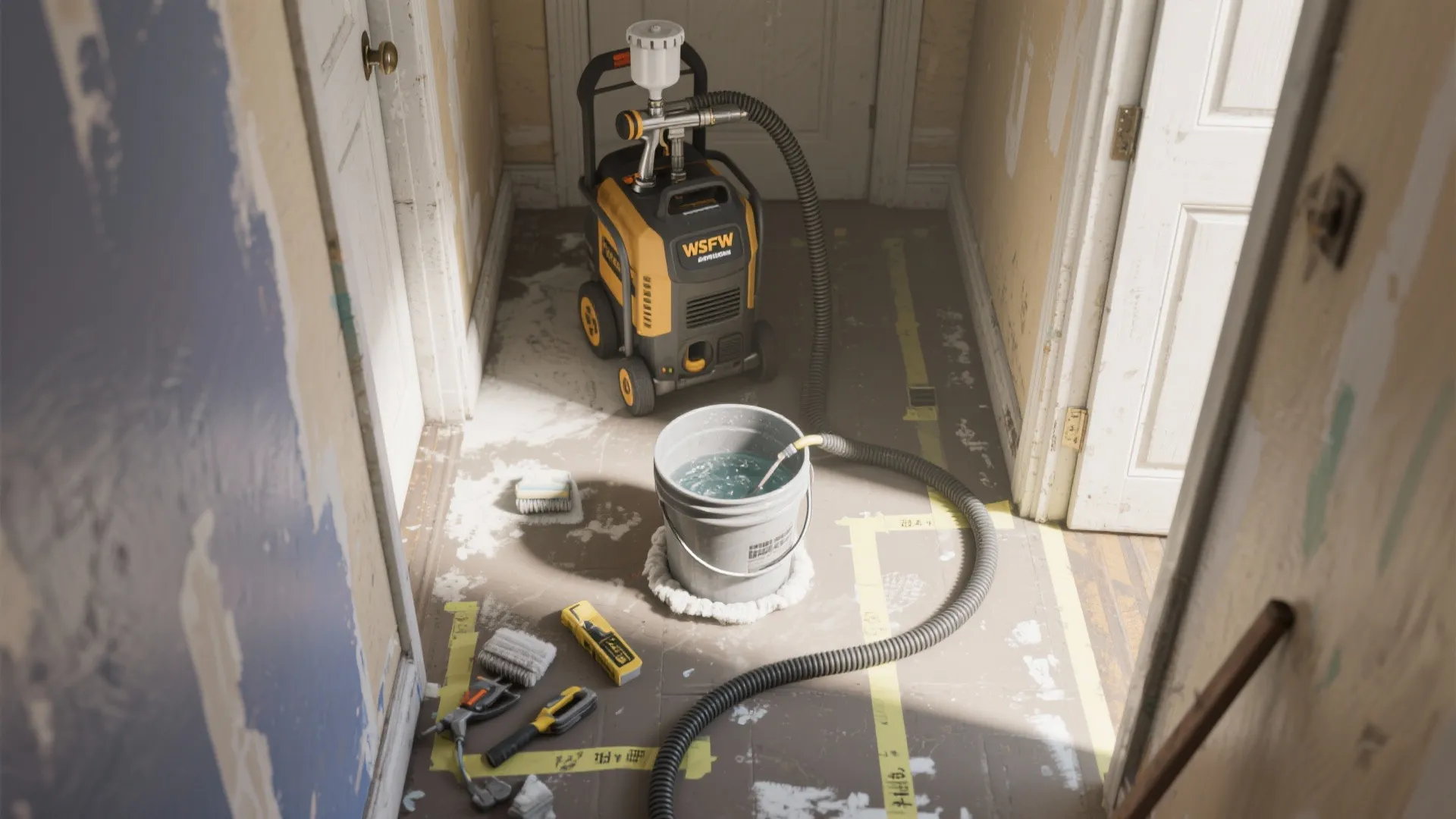 Portable paint sprayer machine with long hose in hallway near water bucket and cleaning tools
