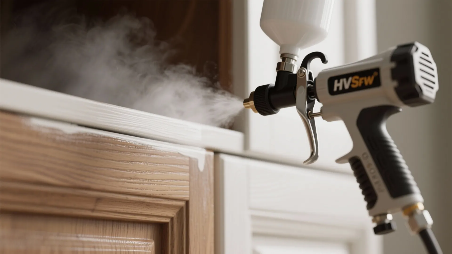 Close-up of a portable HVLP sprayer applying a smooth finish to wooden cabinet trim.