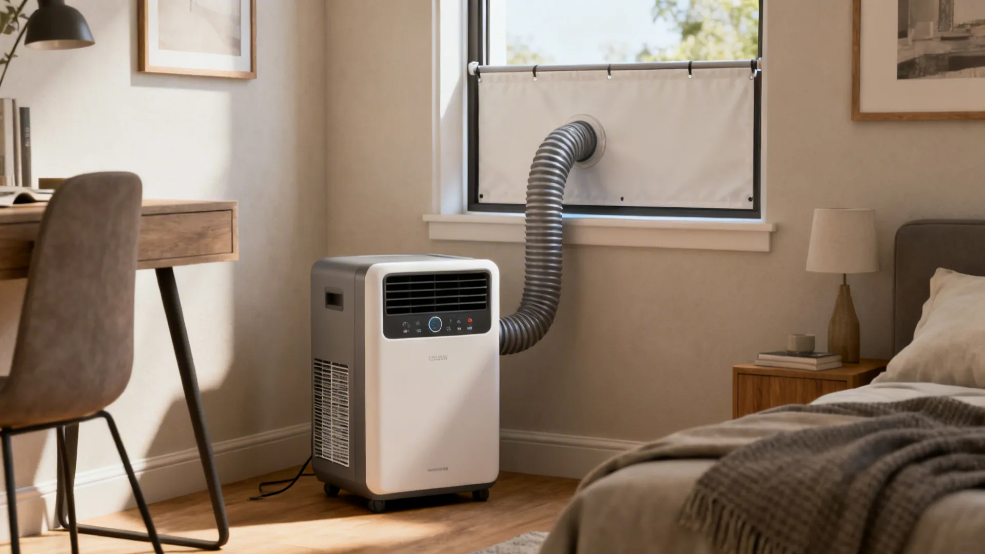 Compact inverter portable aircon vented through a temporary window panel in a rented studio.