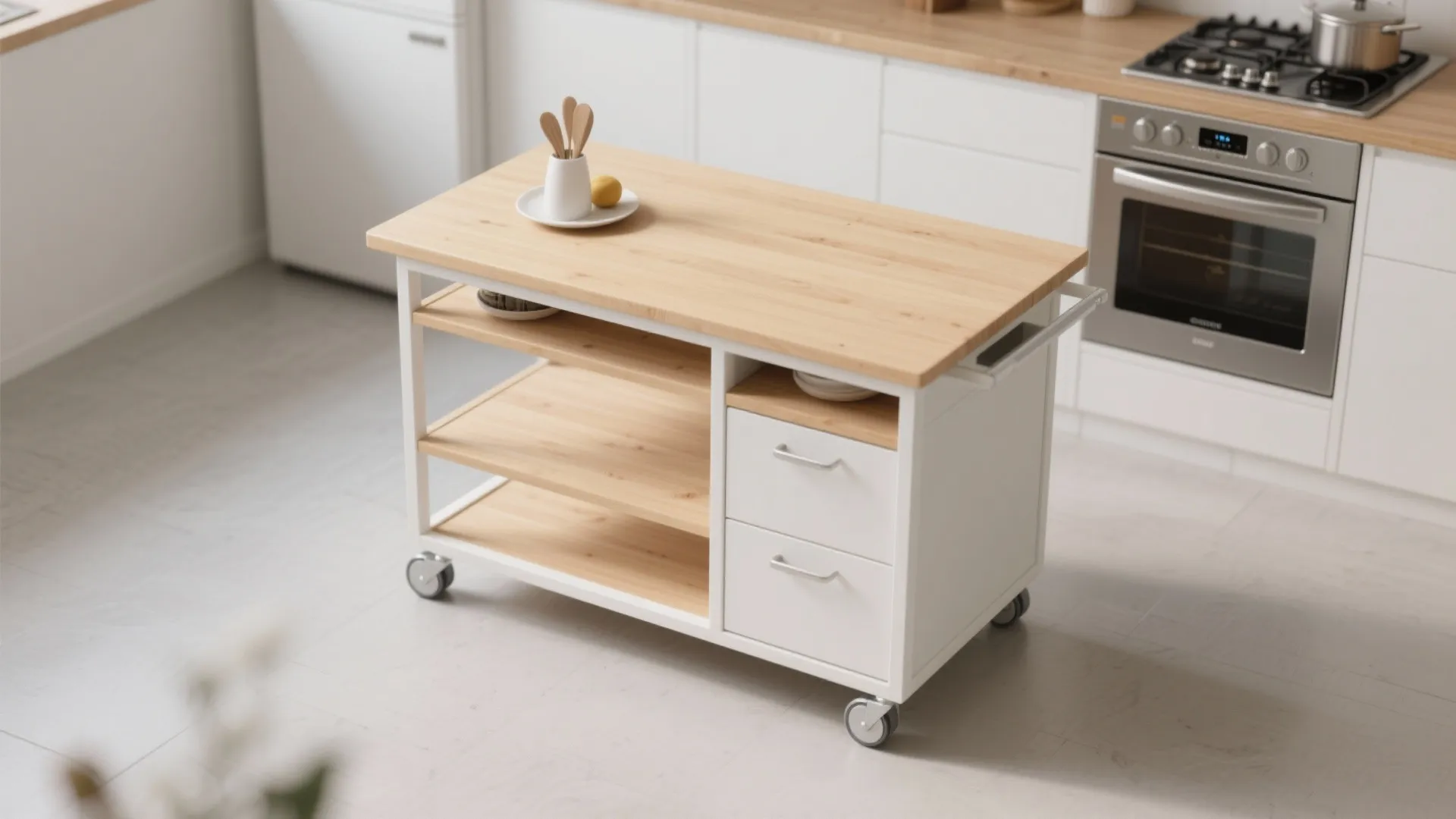Portable white kitchen island with wooden top and wheels featuring drawers and open storage shelves