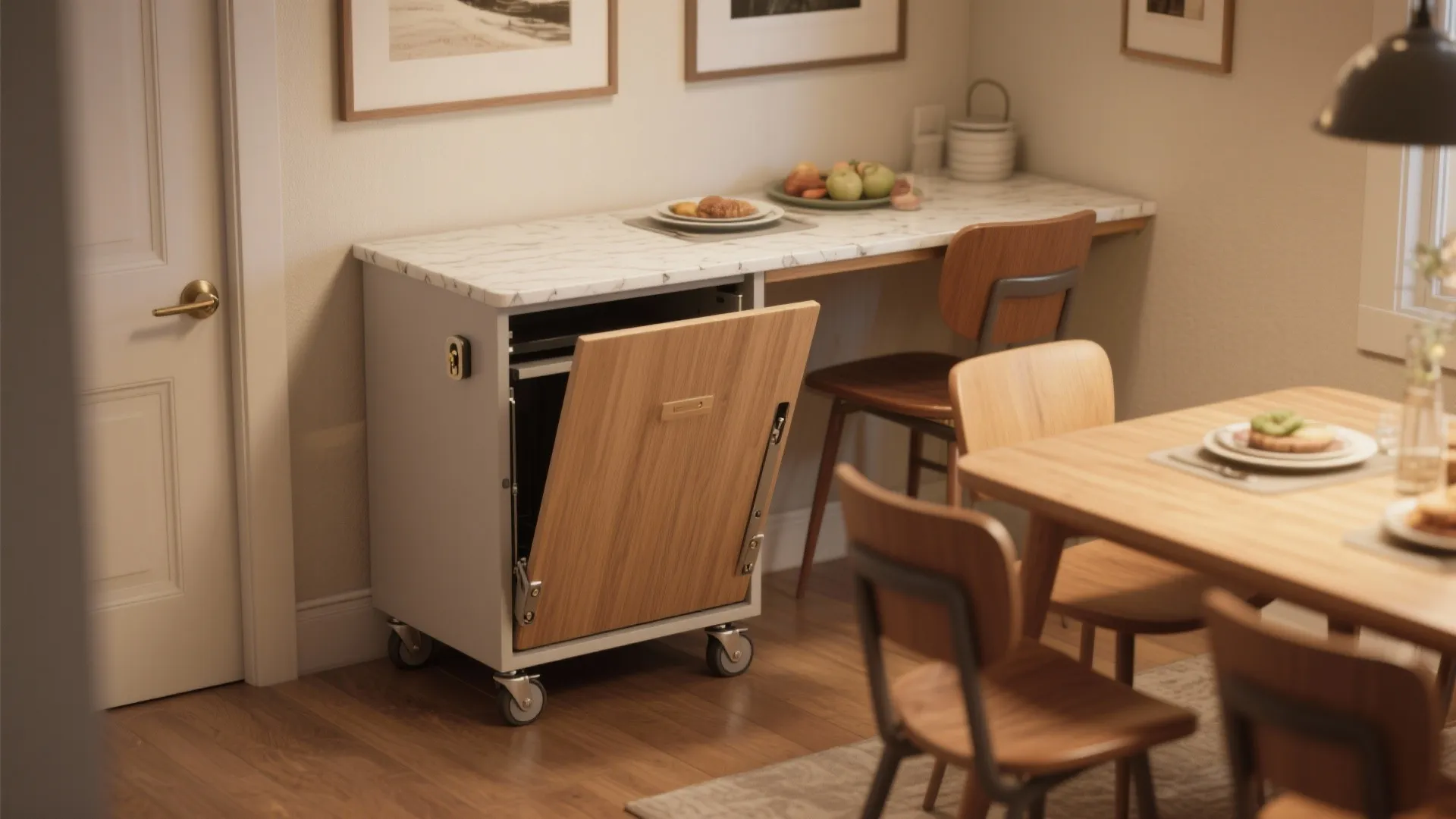 Wheeled portable island nested with a dining table showing caster locks and durable tabletop finish.