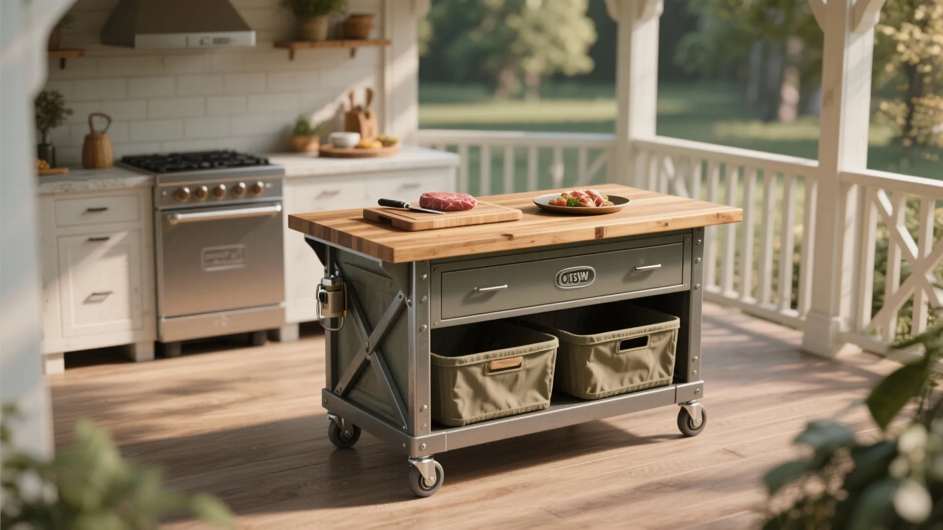 Portable island with butcher-block top and lockable casters in a gazebo kitchen.
