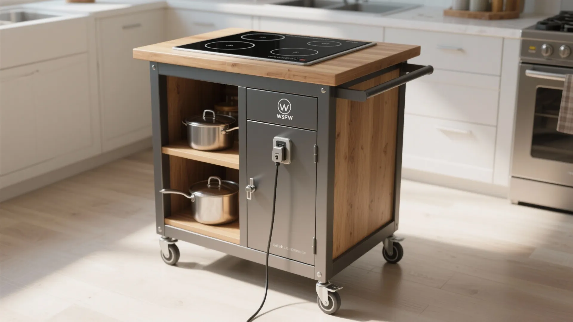 Portable kitchen island cart with wheels wood top black electric stovetop and metal cooking pots