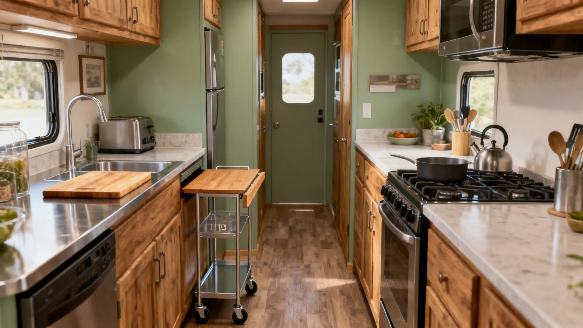 Slim wheeled kitchen cart adding prep space in a compact L-layout renter kitchen.