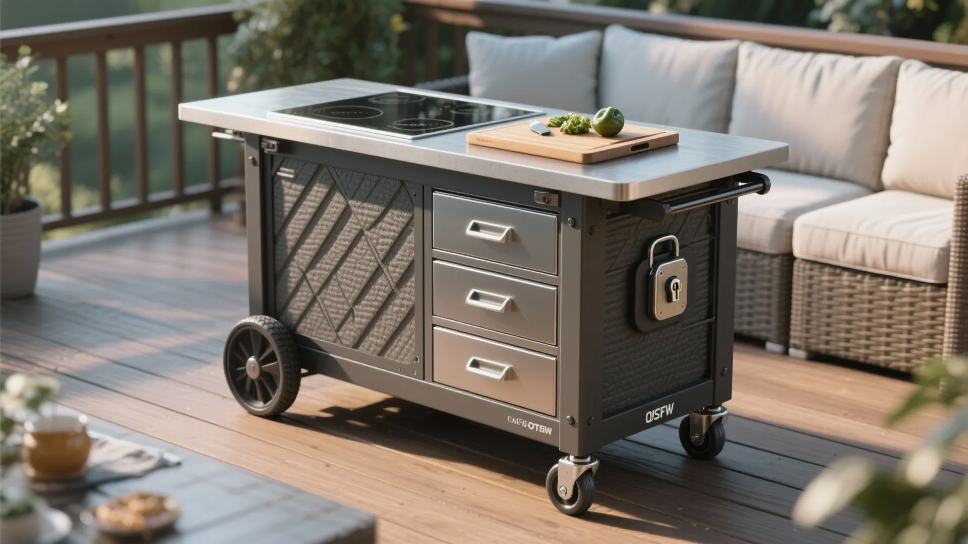 Portable black kitchen island with wheels drawers cooktop and wooden cutting board on a balcony