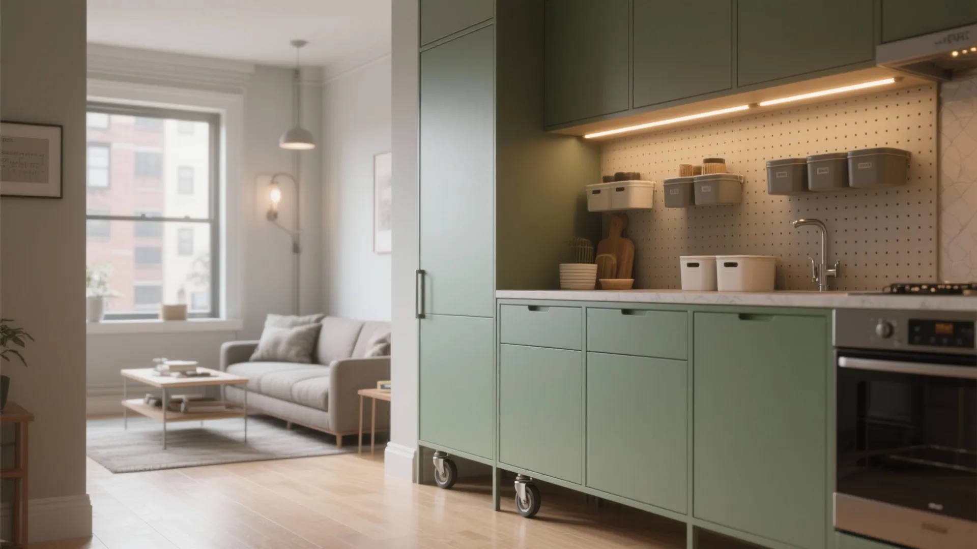 Modern green kitchen unit on wheels featuring cabinets with living room sofa in the background