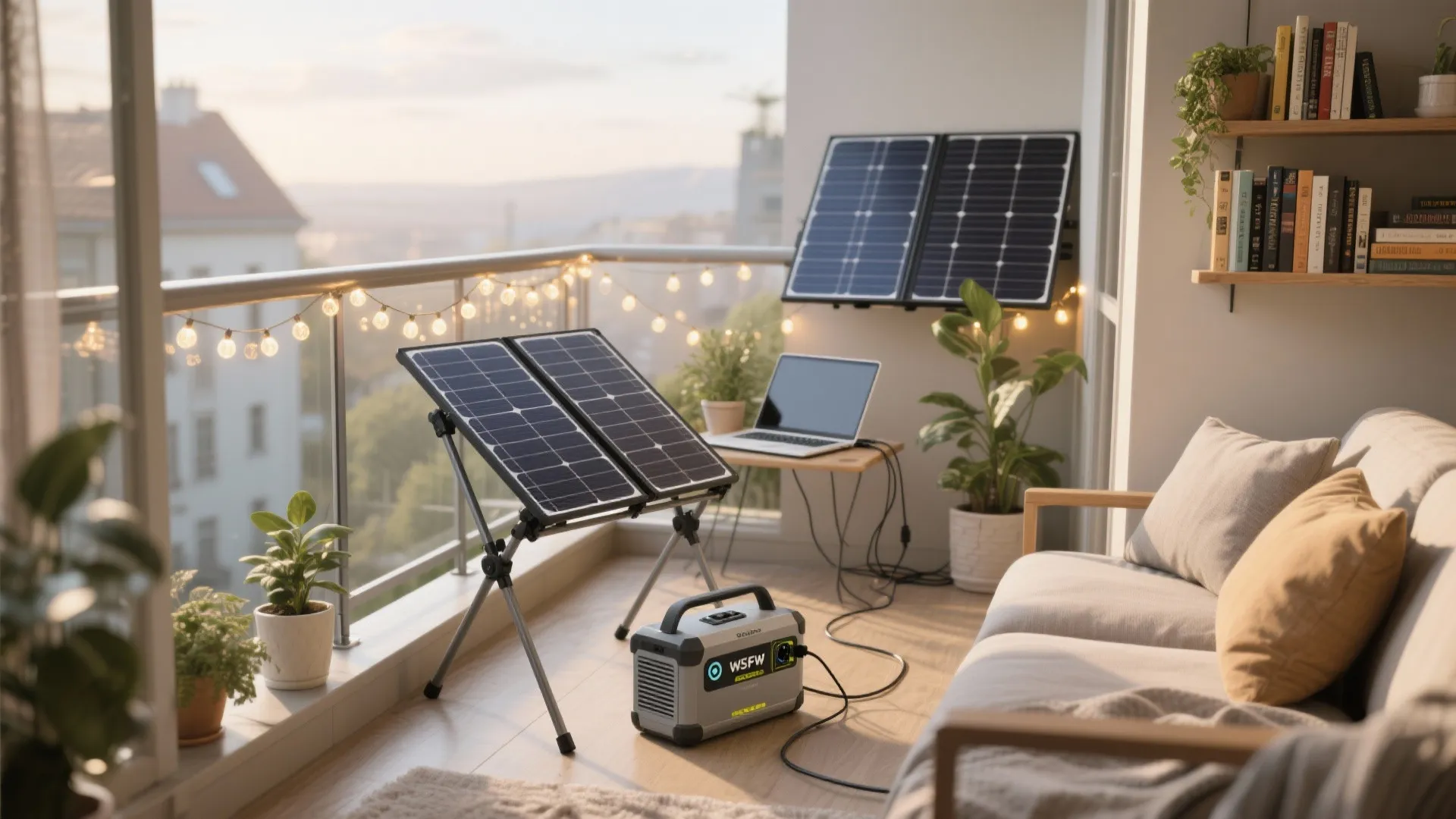 Portable fold-and-go solar kit on a balcony powering a laptop and fairy lights, with a battery and faux-book hiding detail.