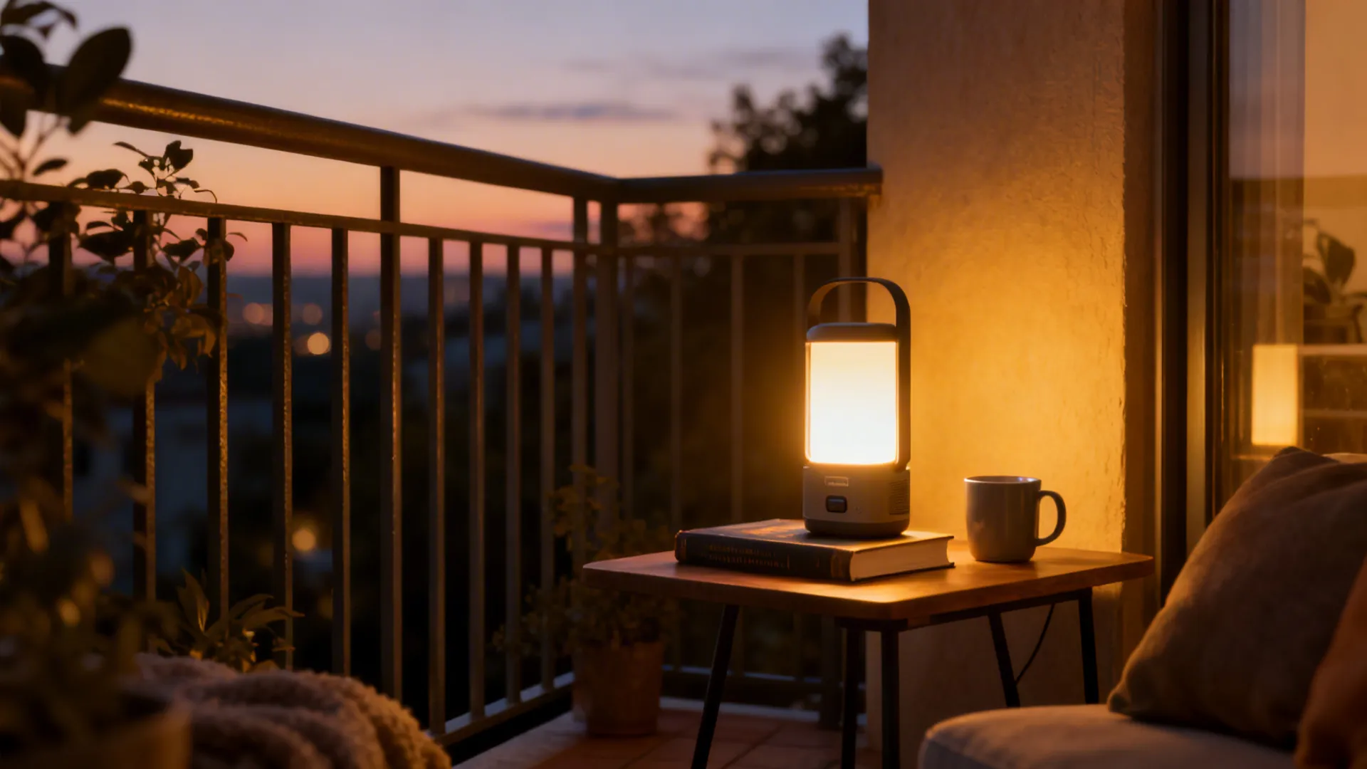 Rechargeable portable table lamp on a balcony side table casting warm light over a book and mug