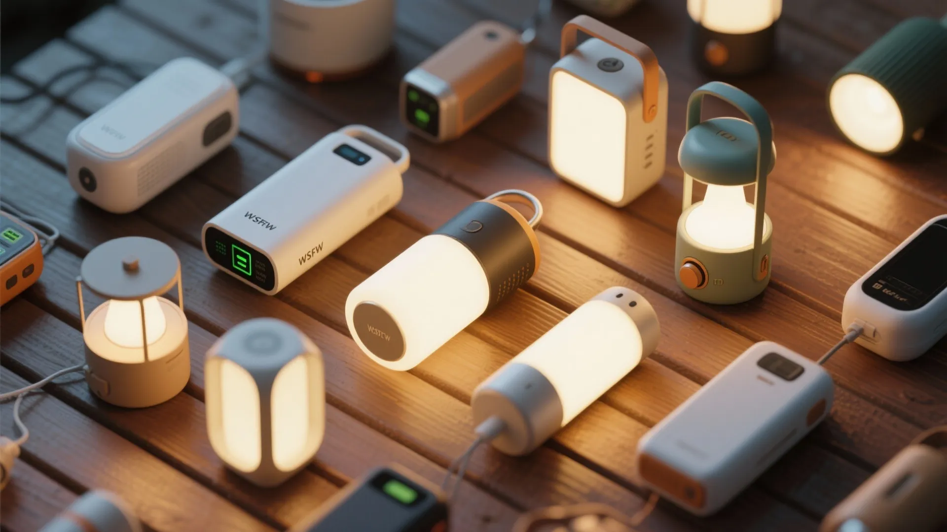Variety of portable outdoor light fixtures in different shapes and colors on a wooden surface