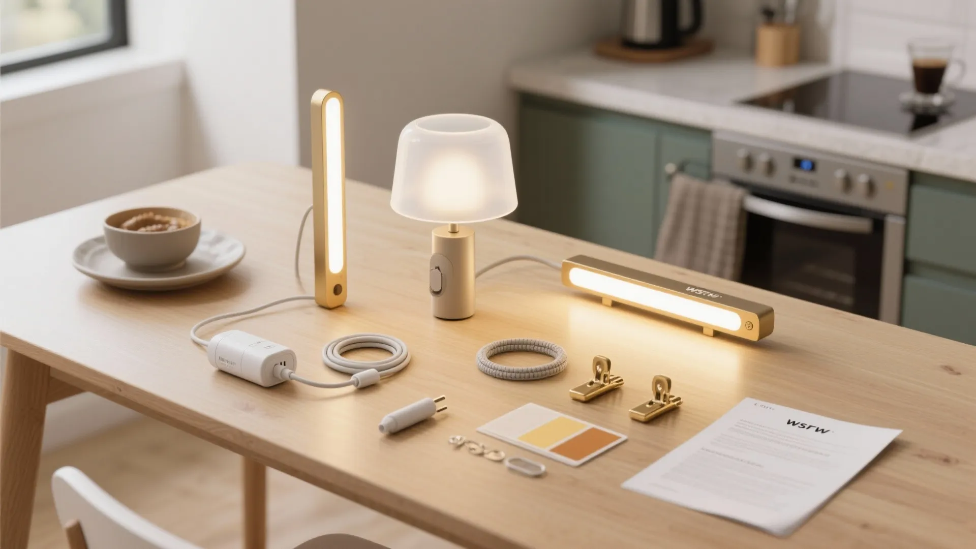 Flat lay of cordless lamp, plug-in sconce, cord covers, and warm 3000K diffuser samples for renter-friendly lighting.